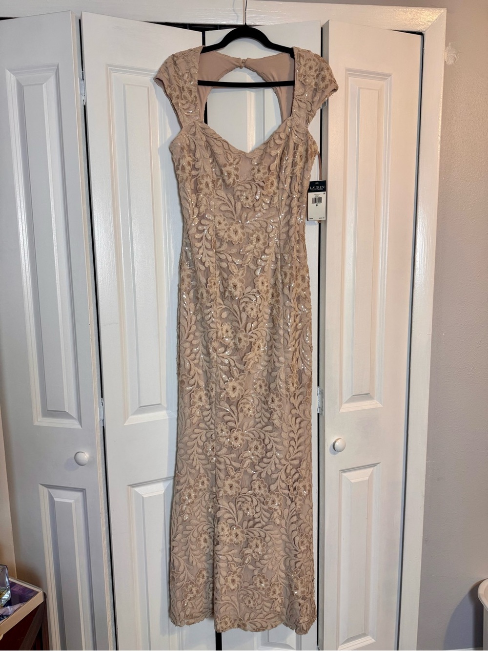 NWT Lauren Ralph Lauren Blush Sequin Floral Lace Evening Gown Size 8